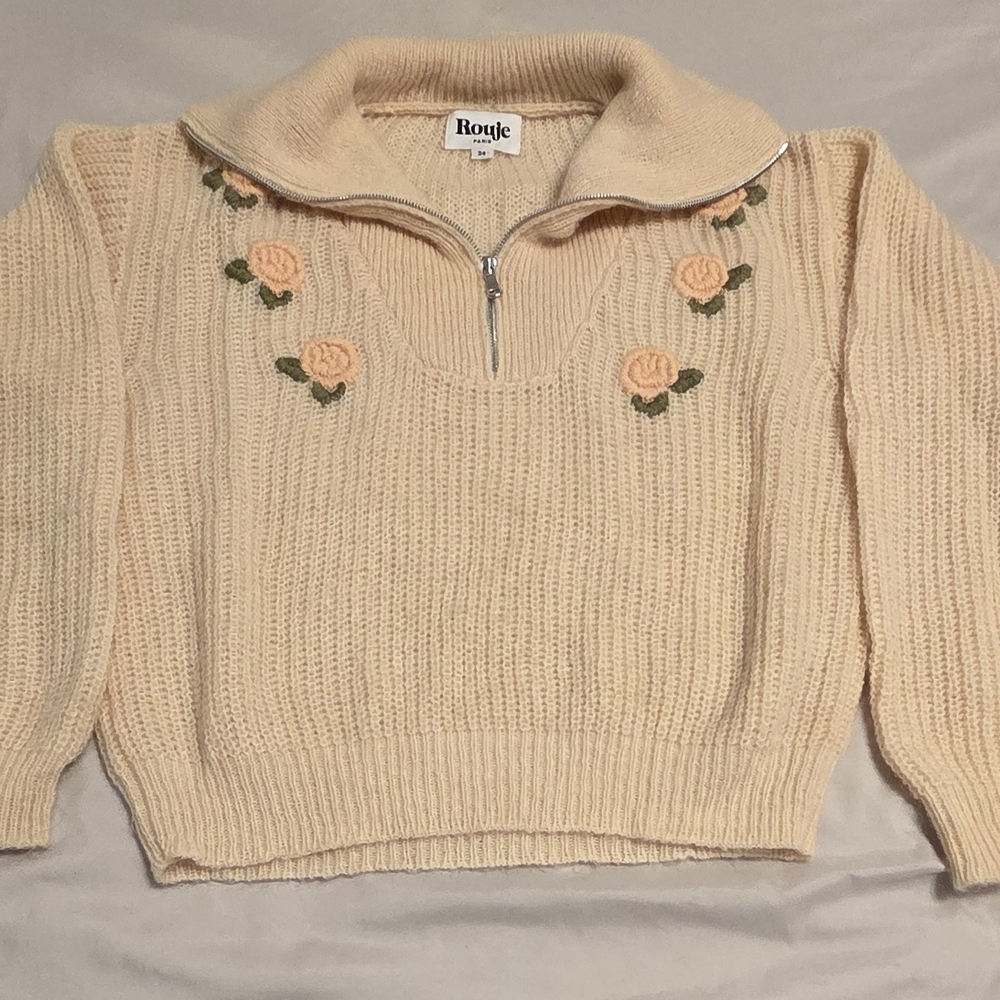 Rouje Cream Embroidered Women's Half-Zip Sweater